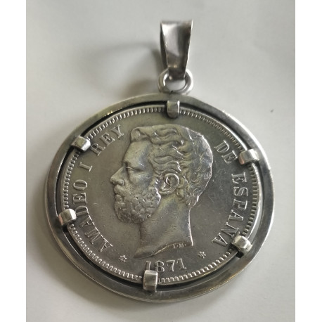 Moneda de plata de Amadeo engarzada en plata 1871*74