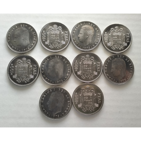 Lote de 10 monedas de 100 pesetas nuevas de 1975