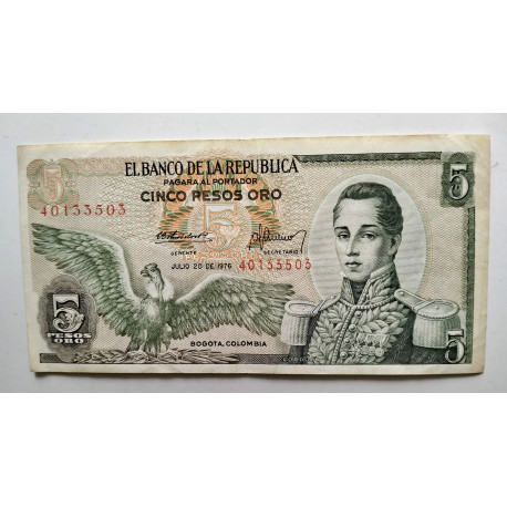 Billete de Colombia 5 pesos oro 1976