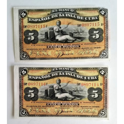 Par billetes de la isla de Cuba 1896 5 pesos