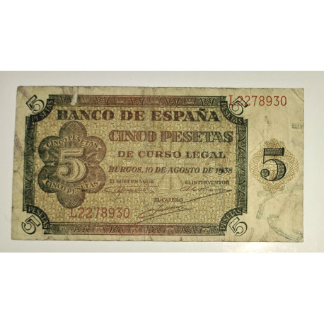 Billete de 5 pesetas del 10 de agosto 1938