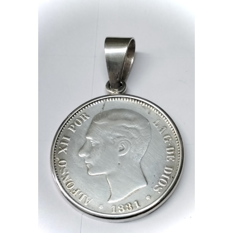 Colgante de plata 925 con moneda 5 pesetas 1881*81